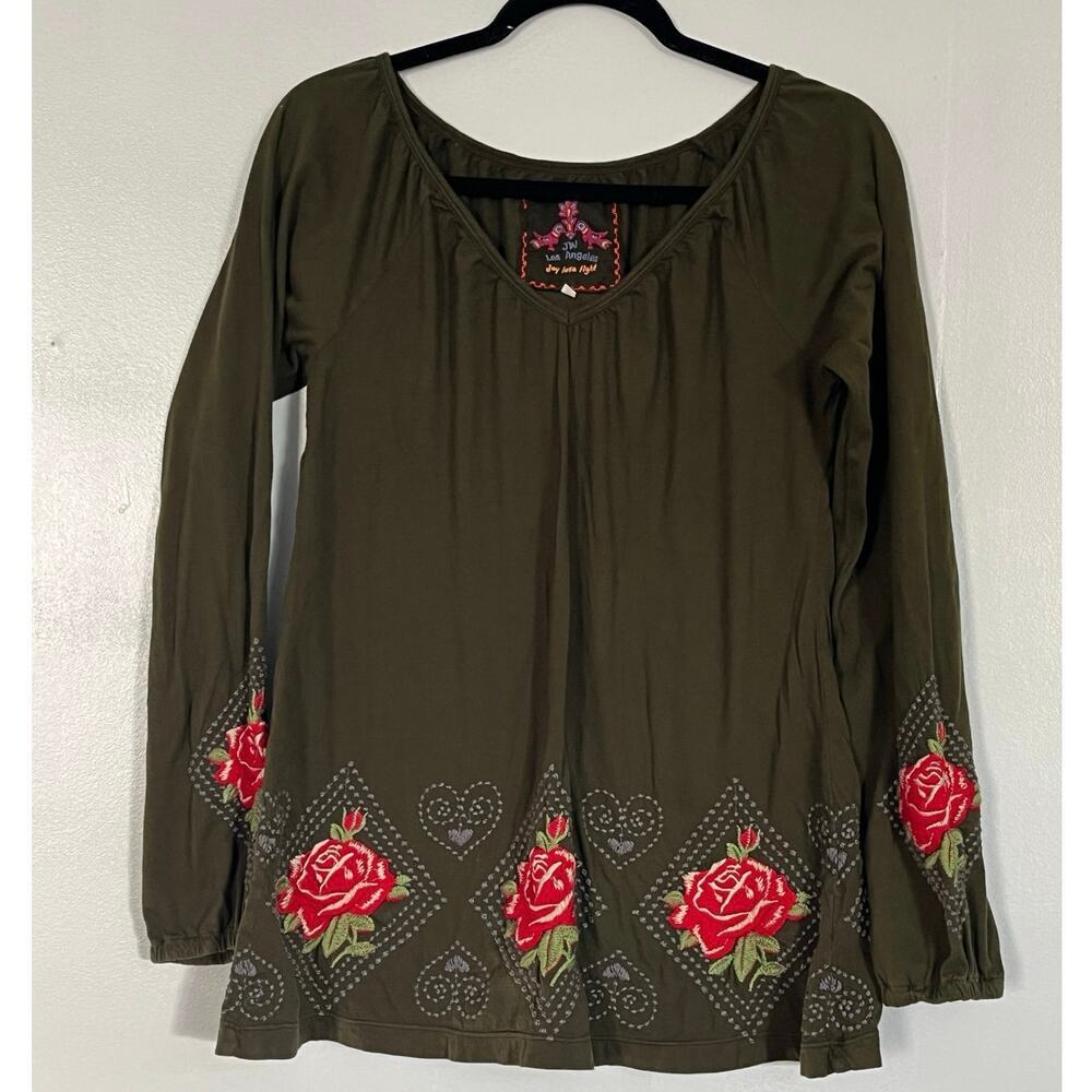 Johnny Was Women Long Sleeve Blouse green Embroidered Small Boho  V Neck Tunic